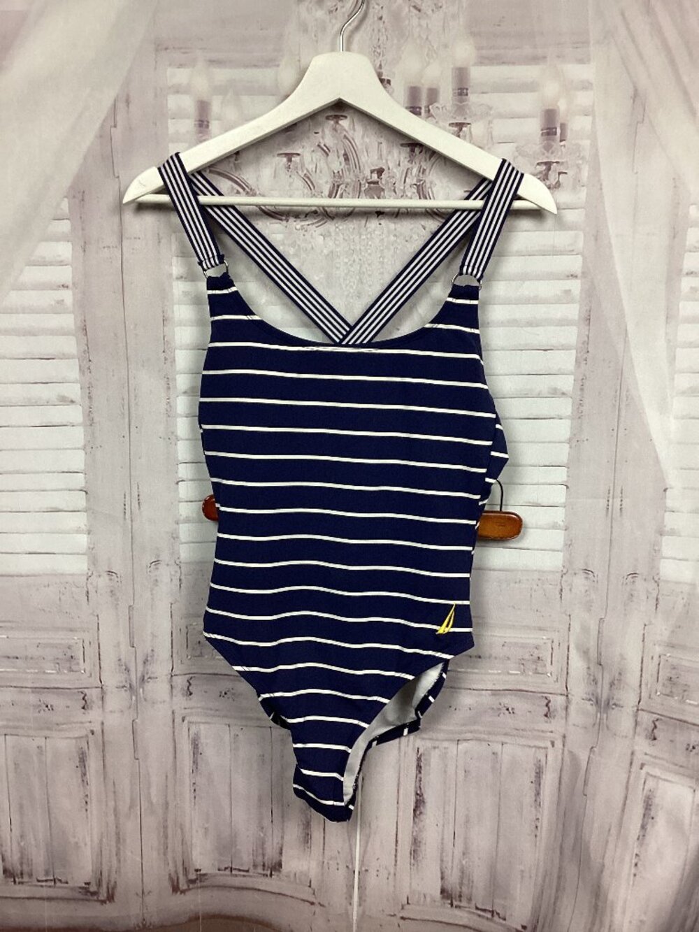 Nautica Blue White Striped Swimsuit Vintage M